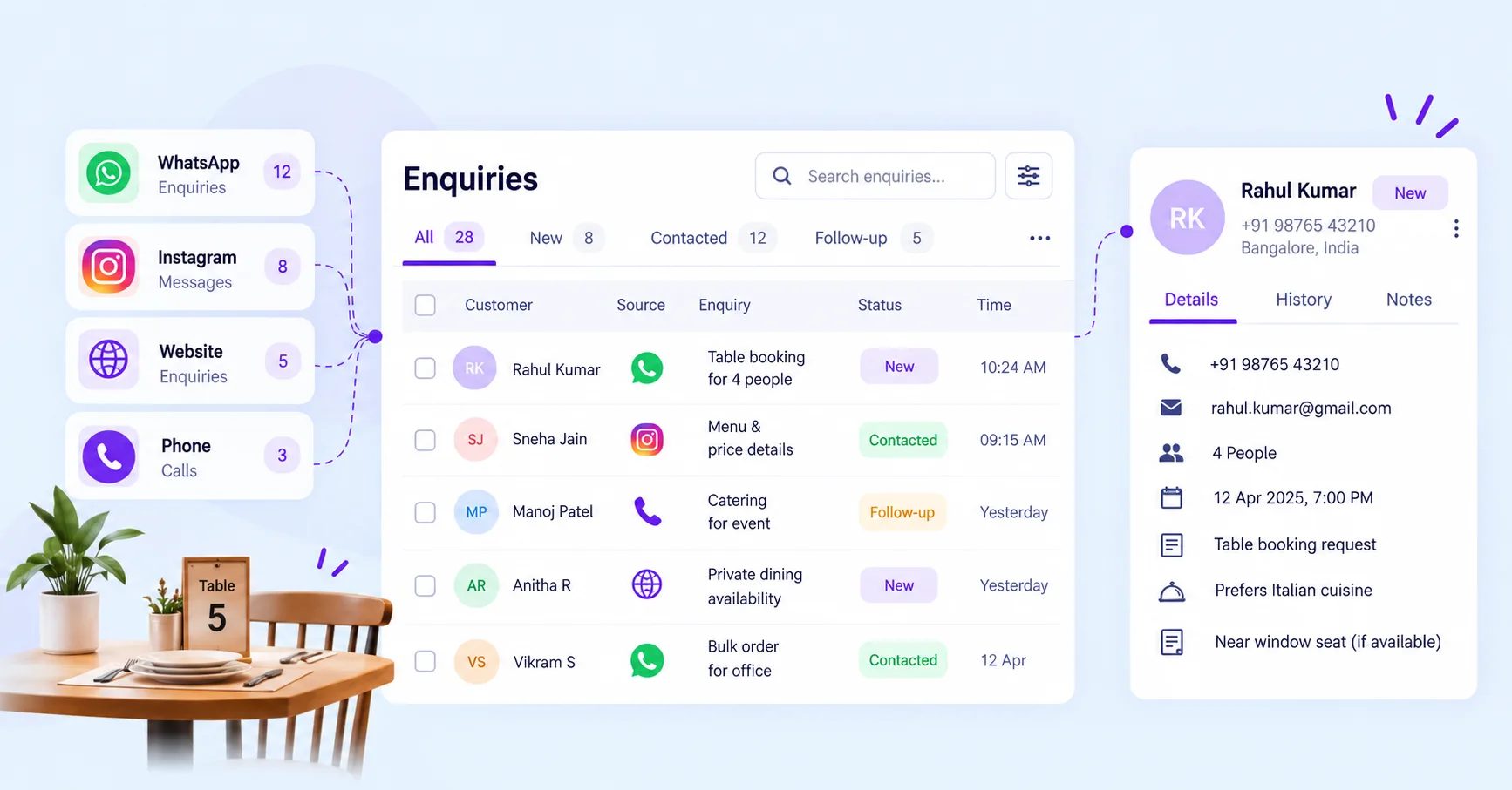 Restaurant CRM for customer enquiries and lead tracking