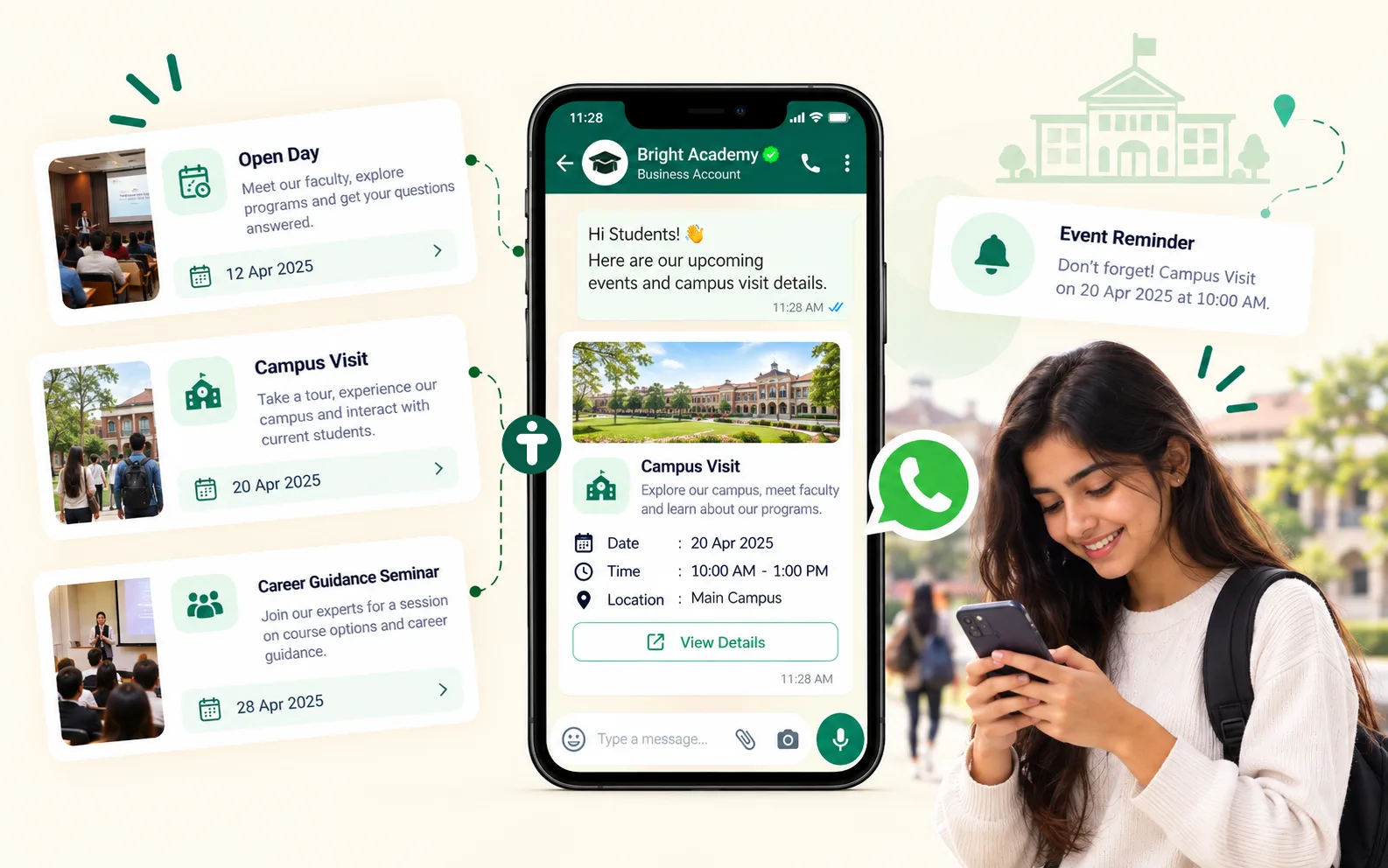 Education events and campus visit reminders through WhatsApp