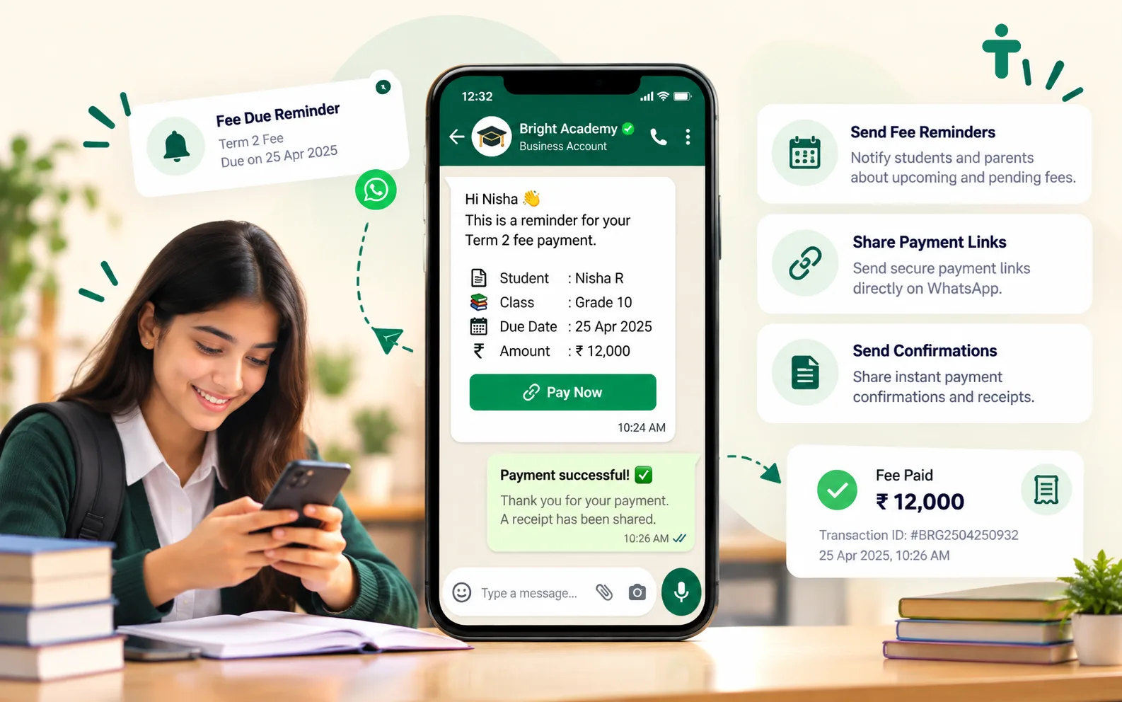 Education fee reminders and payments through WhatsApp