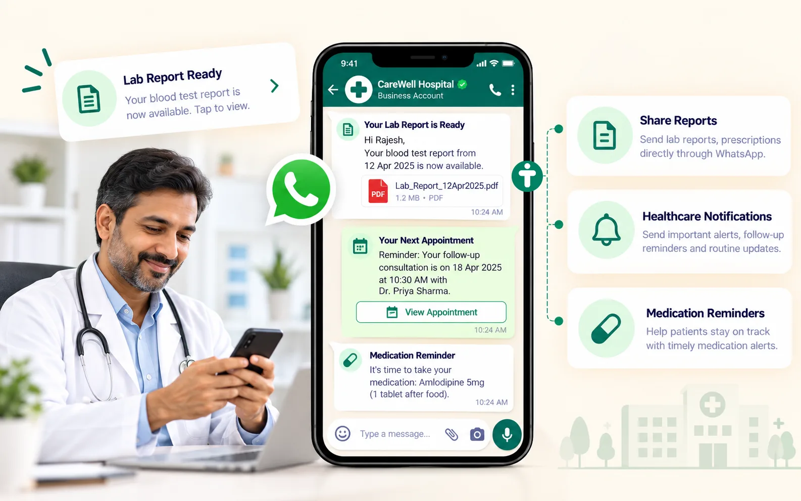 Healthcare reports prescriptions and notifications through WhatsApp