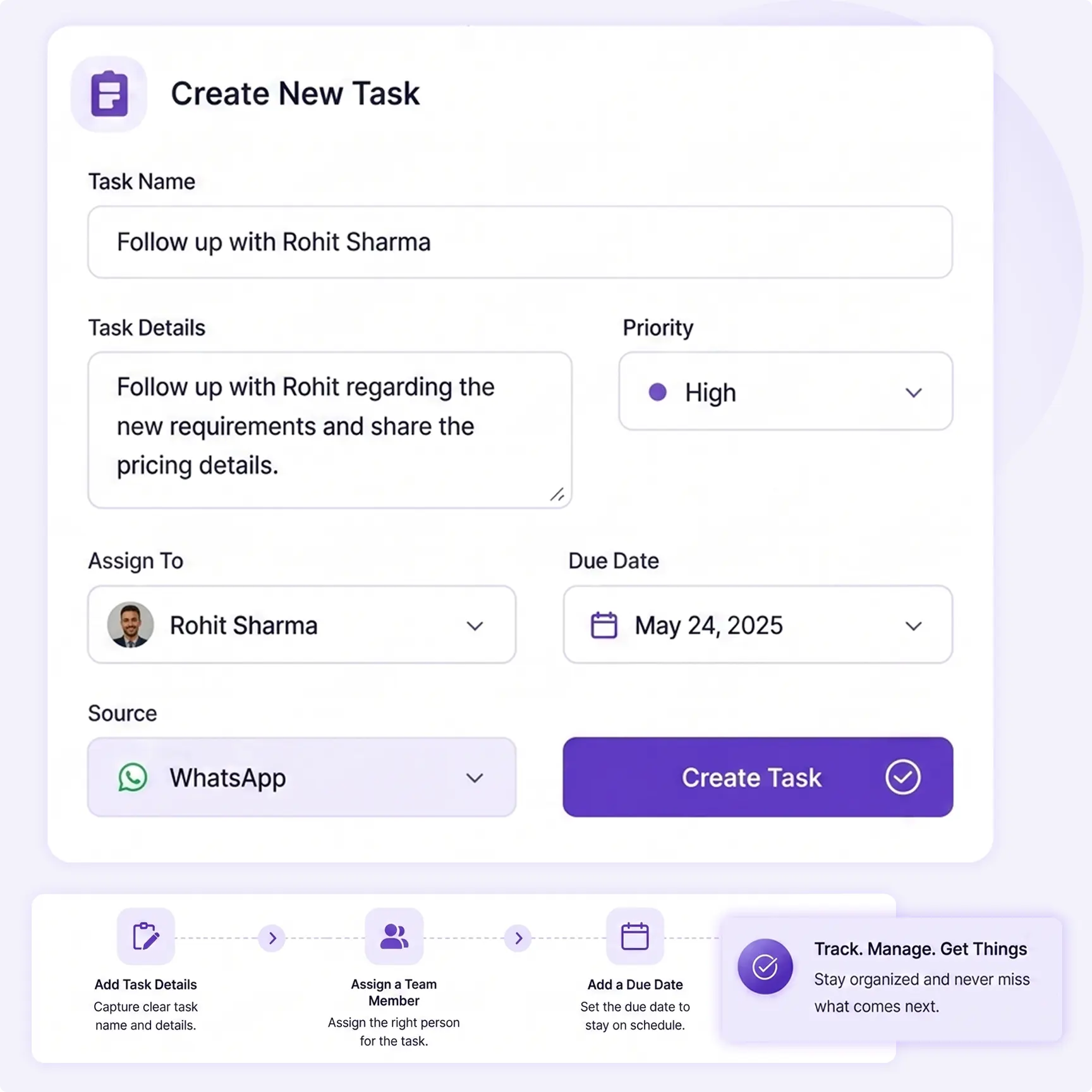 Create and assign CRM tasks in TryowBOT