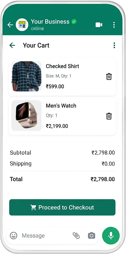 Proceed to checkout and place WhatsApp catalog order